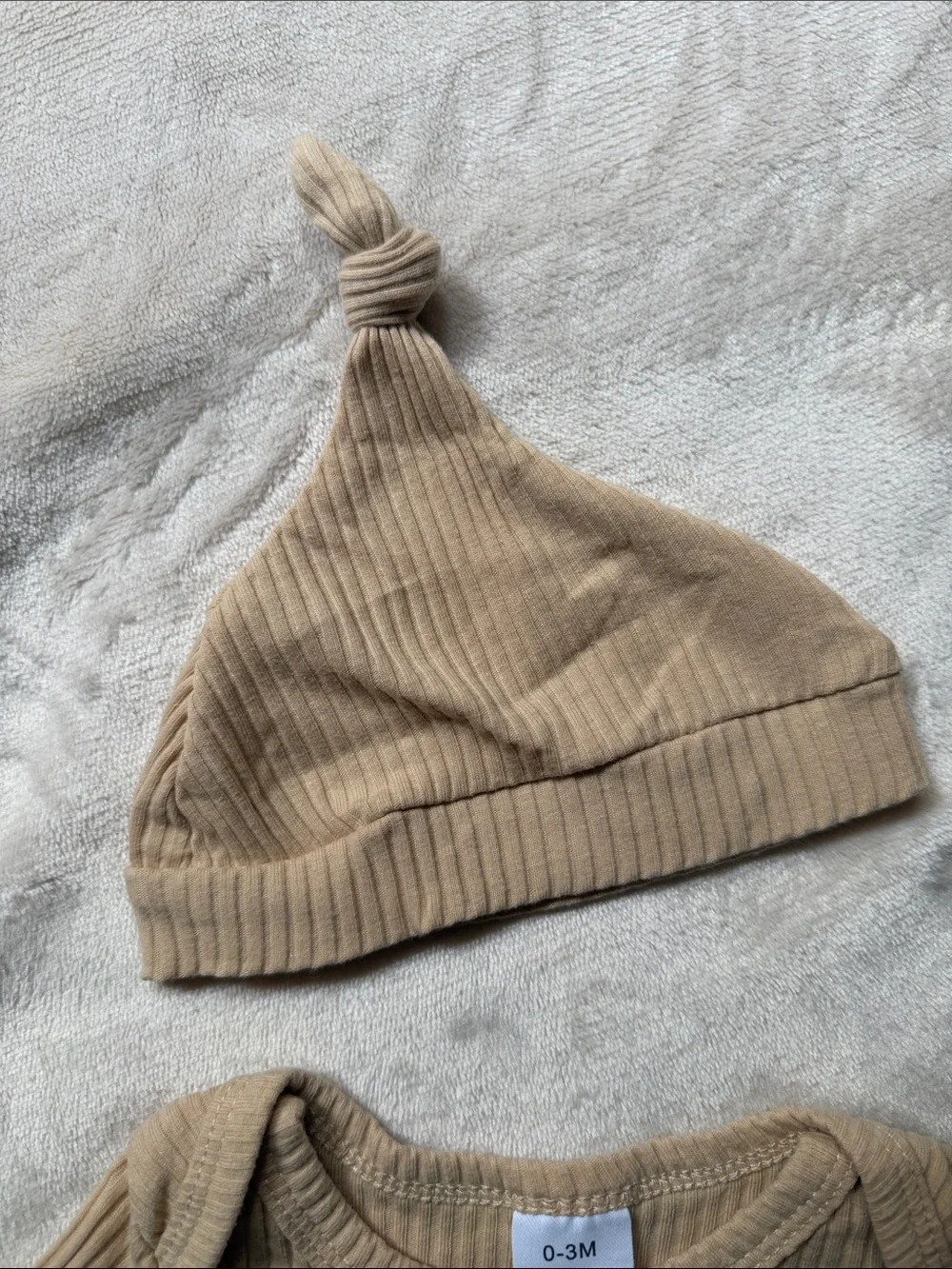 New Tan Baby Onesie Hat and Mitts- Hi I’m New Here